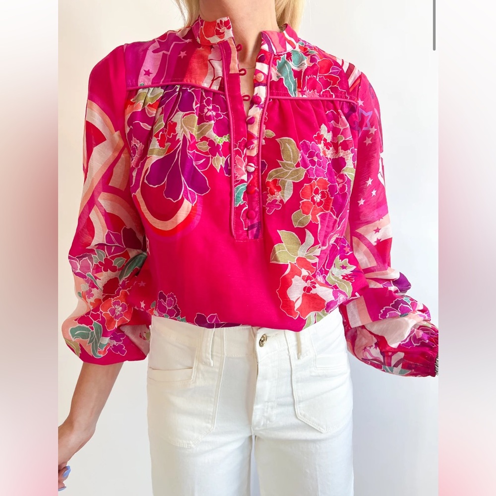 Floral Split-Neck Blouse in Bright Pink
